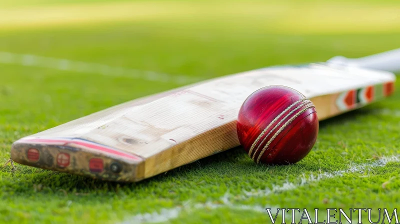 Red Cricket Ball and Bat on Green Field AI Image