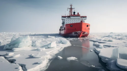 Red Icebreaker Ship in Arctic Ice - Nature Photography