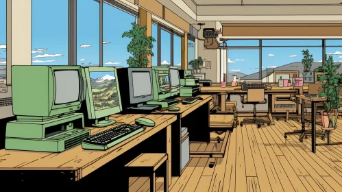 Retro Workplace Interior with Green Computers