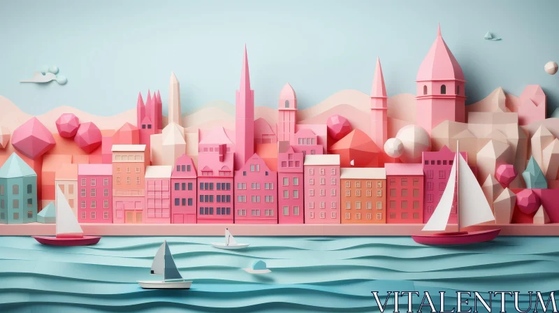 Serene Paper Cityscape with Colorful Boats AI Image