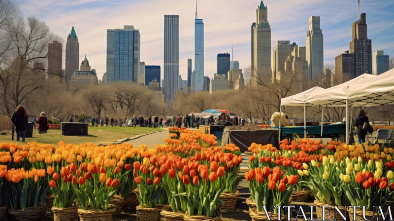 Spring Day in Central Park, New York City - Tulips and Manhattan Skyline AI Image