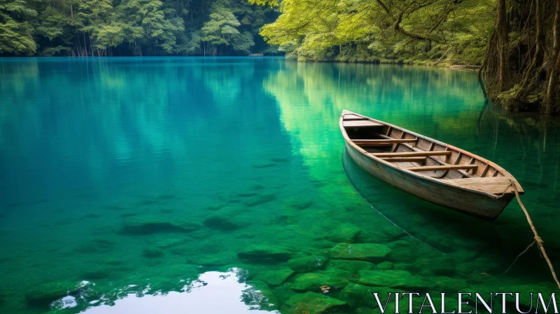 Tranquil Lake Scene with Wooden Boat AI Image