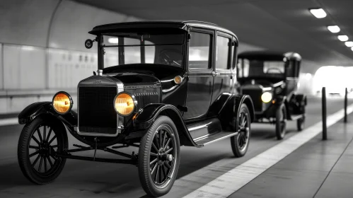 Vintage Ford Model T Cars Driving Through Tunnel