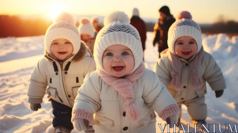 Winter Joy: Happy Babies Playing in the Snow AI Image