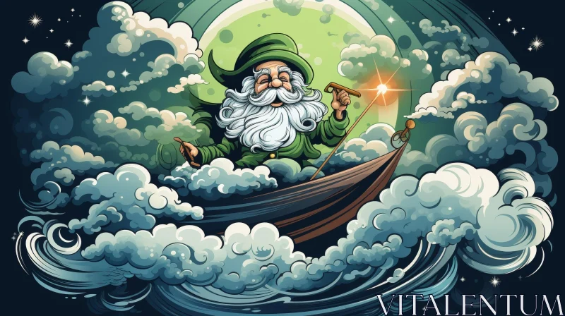 AI ART Wizard Cartoon Illustration in Boat with Moon and Clouds