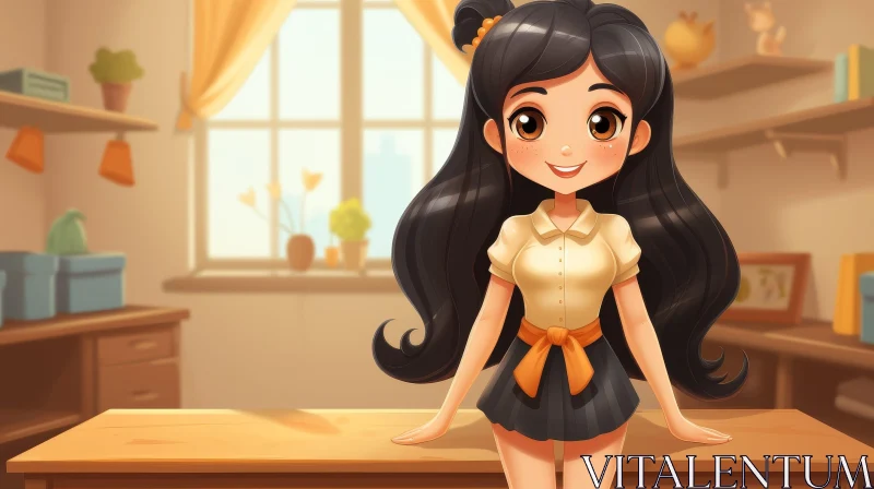 Young Girl Cartoon Illustration in Kitchen AI Image