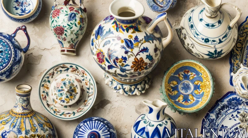 Antique Ceramic Vases, Bowls, and Plates - Elegant Composition AI Image