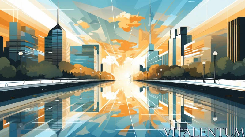 AI ART Cityscape Sunset Painting - Urban Skyscrapers and River View