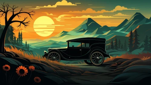 Classic Car Driving Through Mountain Landscape