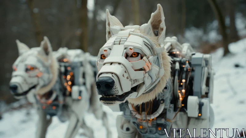Cyberpunk Dystopia: Robot Dogs in Snowy Wilderness AI Image