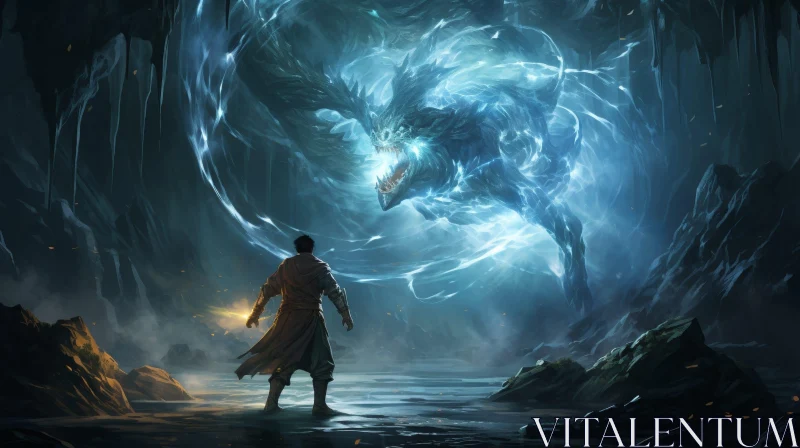 Epic Fantasy Art: Man Confronting Dragon in Mysterious Cavern AI Image