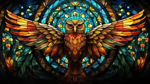 Golden Stained Glass Owl with Outstretched Wings