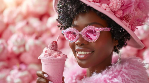 Joyful Young Woman with Pink Hat and Milkshake