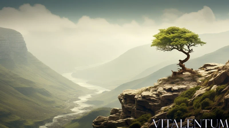 Lonely Tree Landscape on Cliff - Serene Nature Scene AI Image