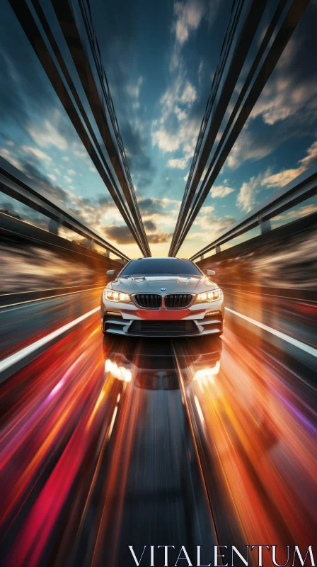 Silver BMW Speeding on Futuristic Bridge AI Image