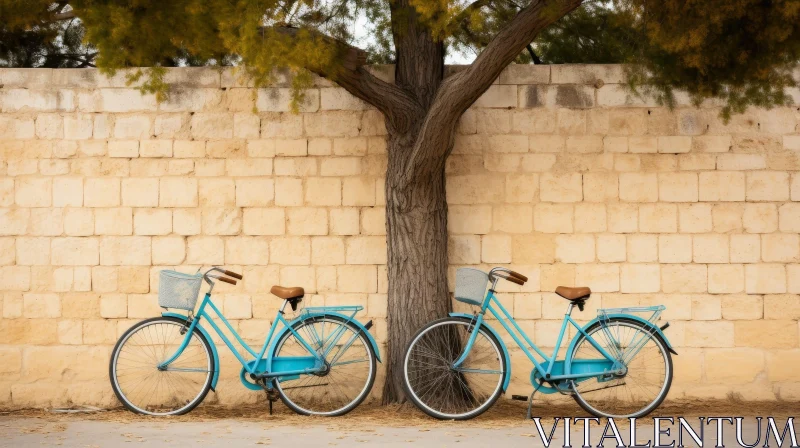 Vintage Blue Bicycles Near Tree and Stone Wall AI Image