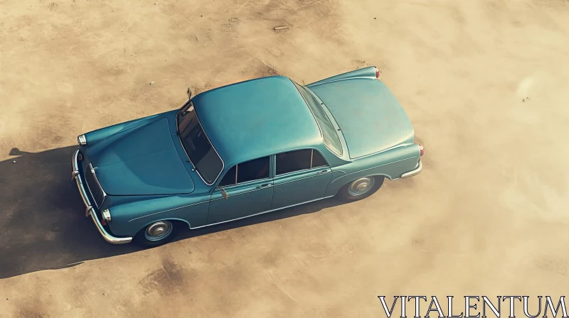 Vintage Blue Car Driving on Sandy Road AI Image