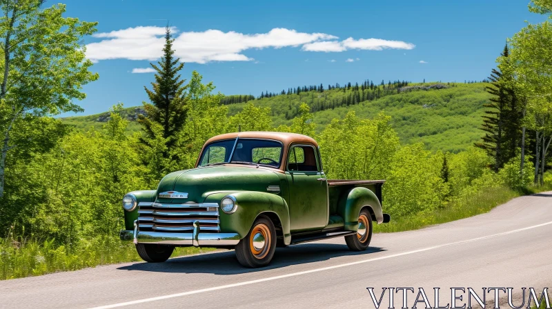 AI ART Vintage Green Chevrolet 3100 Pickup Truck Driving Through Forest