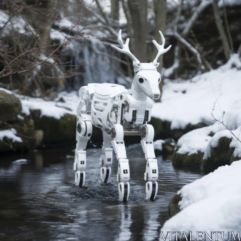 White Robotic Deer in a Winter Stream Scene AI Image