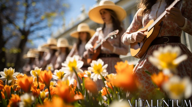 AI ART Women Playing Guitars Amidst Tulips - An Evocation of Nostalgia