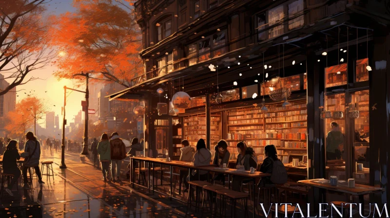 Autumn Cityscape with Bookstore and Pedestrians AI Image