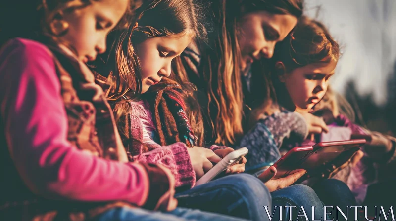 Captivating Image of Girls Engrossed in Electronic Devices AI Image