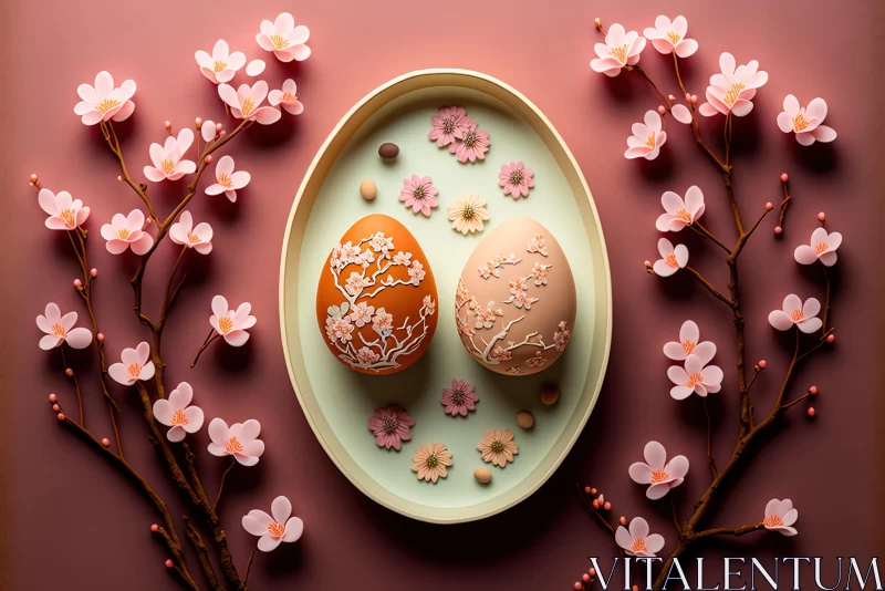 Captivating Nature Art: Plate with Eggs and Cherry Blossoms AI Image