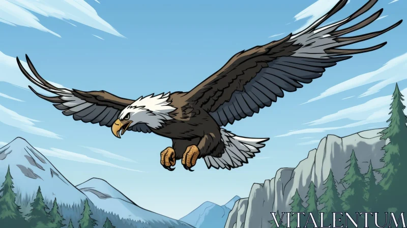 Cartoon Bald Eagle Flying Over Mountain Range AI Image