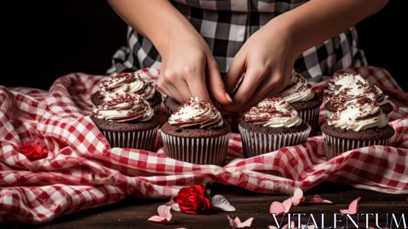 Chocolate Cupcake Arrangement on Checkered Tablecloth AI Image