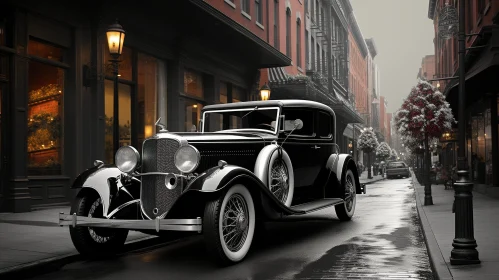 Classic 1930s Car on Wet City Street - 3D Rendering
