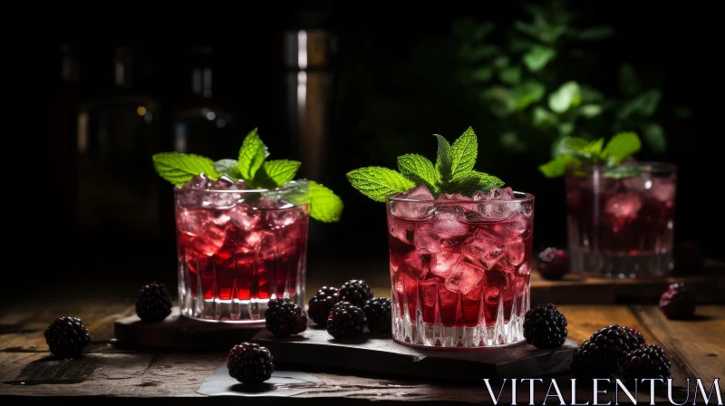 Delicious Blackberry Cocktail with Mint on Wooden Table AI Image