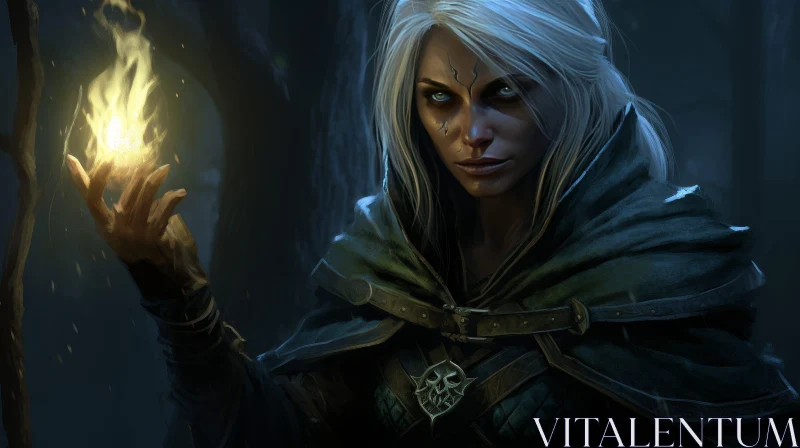 Enchanting Female Sorcerer Portrait in Dark Forest AI Image