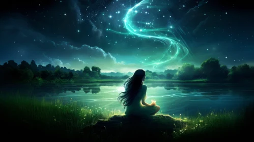 Enchanting Night Sky Landscape with Woman by Lake