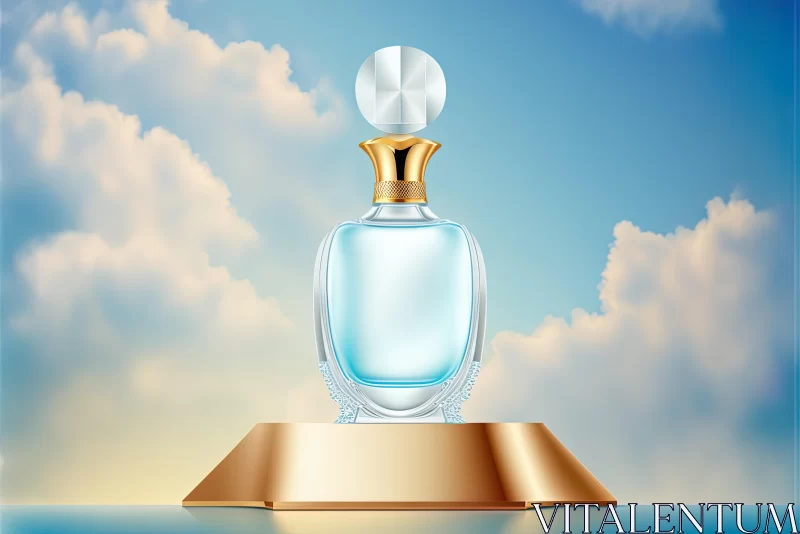 Glamorous Perfume Bottle on Golden Pedestal with Clouds and Blue Sky AI Image