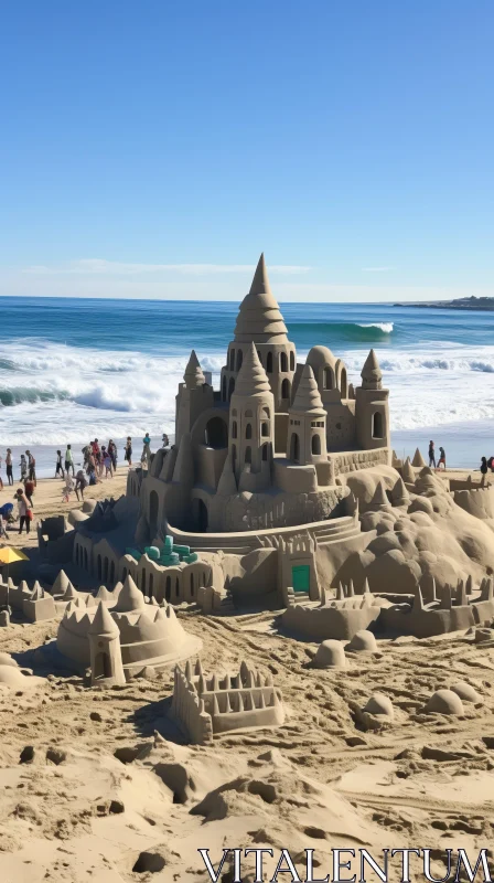 Intricate Sand Castle on Beach - Architectural Masterpiece AI Image