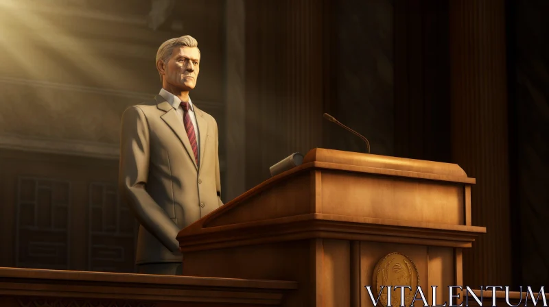 Man Giving Speech in Courtroom | Podium Speaker AI Image