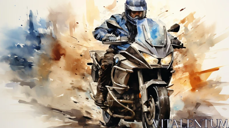 Motorcyclist on BMW Watercolor Painting AI Image