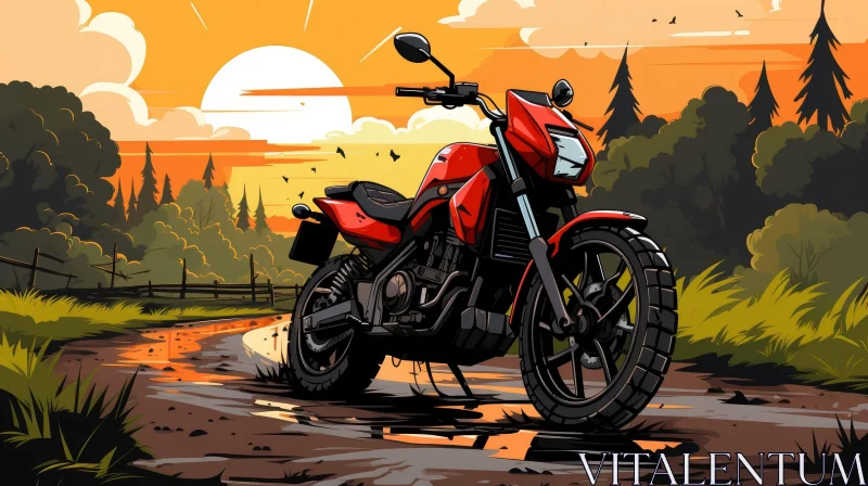 AI ART Red Motorcycle on Dirt Road at Sunset