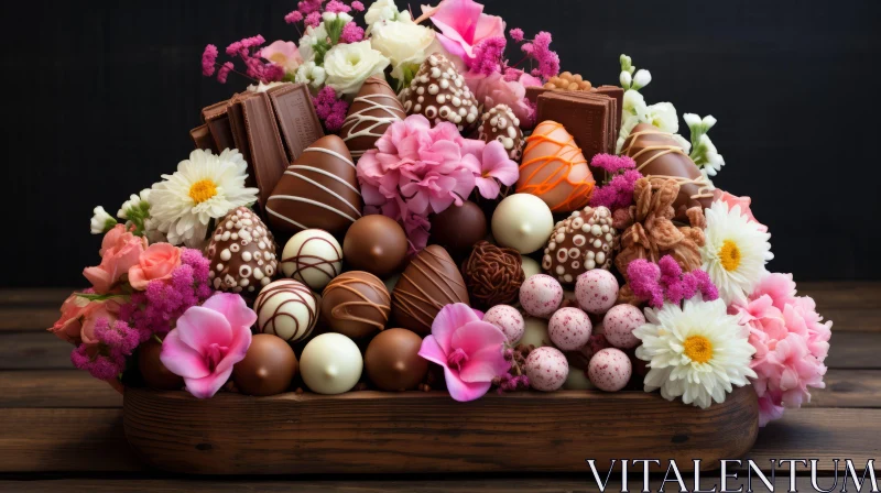 AI ART Rustic Chocolate Crate with Pink Flowers - Tabletop Photography