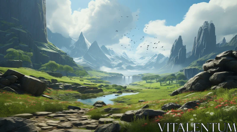 Snowy Mountain Valley Serenity AI Image