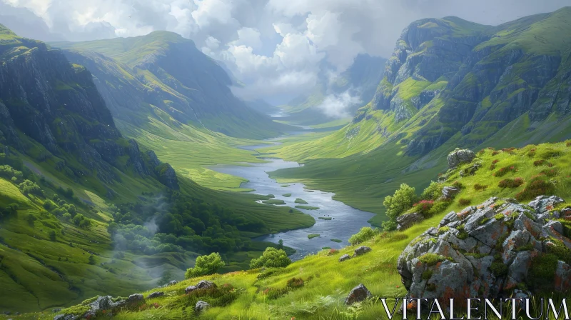 AI ART Tranquil River Landscape with Green Hills and Mountains