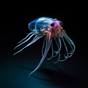 Translucent Cyborg Squid Illuminated by Blue and Purple Lights