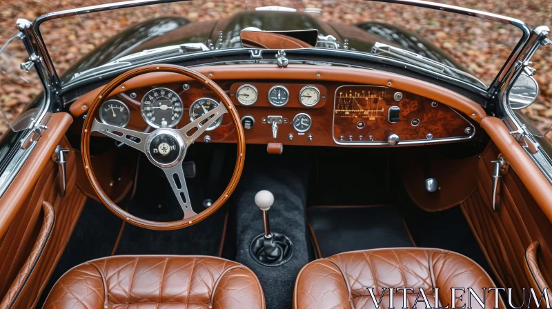 Vintage Classic Car Interior with Wooden Steering Wheel and Scenic Background AI Image