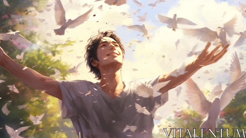 AI ART Young Man in Flower Field with White Doves - Joyful Nature Scene