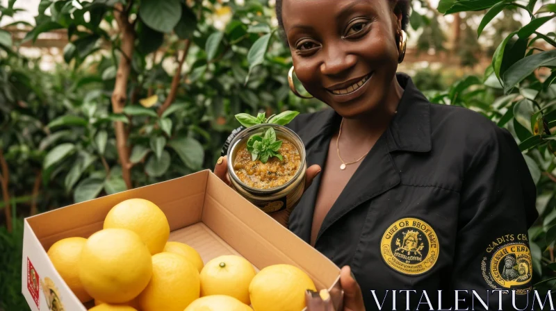 African Woman in Lemon Grove with Lemon Pesto AI Image