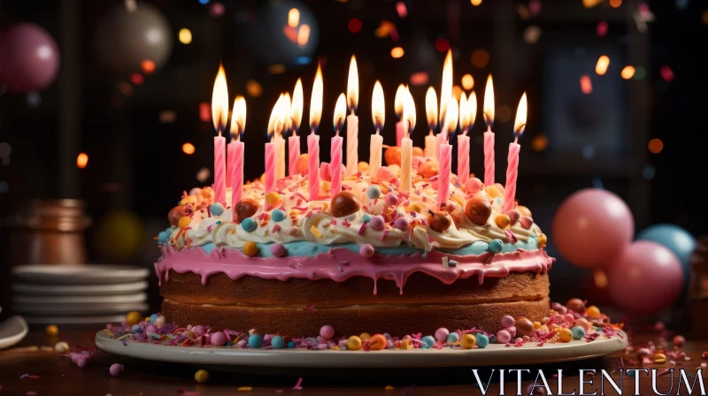 Birthday Cake with Pink Frosting and Colorful Sprinkles AI Image