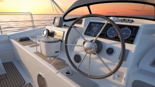 Boat Steering Wheel on Sea at Sunset
