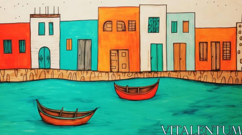 AI ART Colorful Houses and Boats on Canal Painting