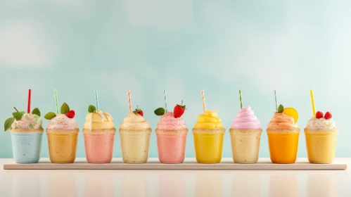 Colorful Milkshakes with Whipped Cream and Fruits