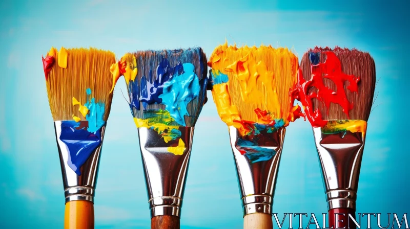 Colorful Paintbrushes on Blue Background AI Image